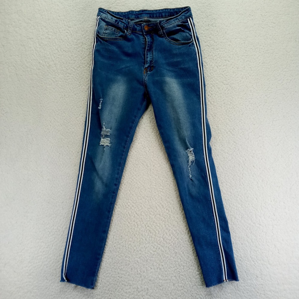 Womens Blue Denim Jeans Distressed Side Stripe Raw Hem Size Small‎